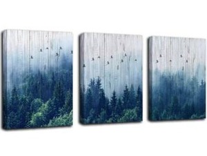 lot 1834 image: Arjun Mountain Indigo Canvas Wall Art Misty Foggy Forest Pictures Nature Navy Blue Painting Tree Landscape Artwork Framed for Bathroom Living Room Bedroom Home Office Wall Decor, 12x16x3 Panels