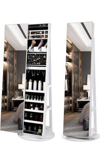 lot 1837 image: LVSOMT 360° Swivel Jewelry Armoire Cabinet, Full Length Mirror with Jewelry Storage, Standing Jewelry Armoire Organizer with Mirror, Rotatable, Large Capacity (White)