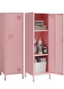 lot 1838 image: MIOCASA Metal Locker Storage Cabinets with Doors and Shelves Lockable 3 Tier File Cabinet Organizer Coat Lockers for Kids, Living Room, Office, Gym (Pink)