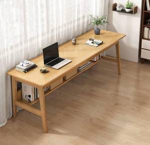lot 1840 image: NELYE Extra Long Desk with Bookshelf - 55 Inches Home Office Work Study Extra Long Table, Wooden 2-Person Computer Workstation with Storage Shelf in Oak, 55 W x 20 D