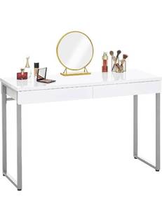 lot 1842 image: GreenForest Vanity Desk with 2 Drawers Glossy White 47 inch Modern Home Office Computer Writing Desk Makeup Dressing Table with Metal Silver Legs for Bedroom,Silver