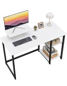lot 1843 image: GreenForest Computer Desk with Monitor Stand and Reversible Storage Shelves,39 inch Small Home Office Writing Study Desk for Small Spaces,White