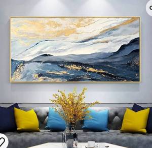 lot 1850 image: Blue and Gold Abstract Canvas Art Wall for Living Room-Framed Blue Mountain Oil Painting for Bedroom -Modern Landscape Wall Decor for Office,Kitchen Ready to Hang 20x40 inches