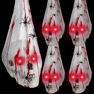 lot 1956 image: Libima 6 Pack Halloween Decorations Outdoor Hanging Skull with Light up Eyes, Halloween Skull with Light Up Eyes, Skeleton with Blood Spider Web Scary Haunted House for Halloween Party Decor