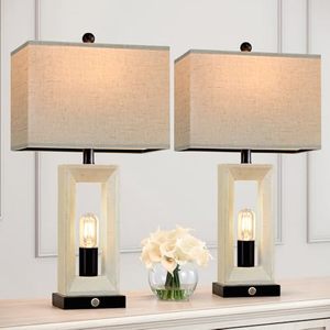 lot 1869 image: G-SAFAVA 25 Farmhouse White Table Lamp USB CA Ports with 3 Way Dimmable Touch Control Nightstand Lamp Vintage Modern Lamps for Living Room Bedroom Hotel(4 Bulbs Included)