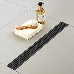 lot 1870 image: Fibetter 24-Inch Black Linear Drain with Removable Quadrato Pattern Grate, Bathroom Rectangular Linear Shower Drains 304 Stainless Steel with CUPC Certified