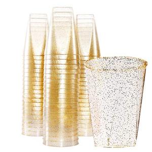 lot 1886 image: bUCLA 100Pack Gold Glitter Plastic Cups-12oz Plastic Square Cups-WeddingParty Disposable Cups-Premium Disposable Tumblers for Thanksgiving Party
