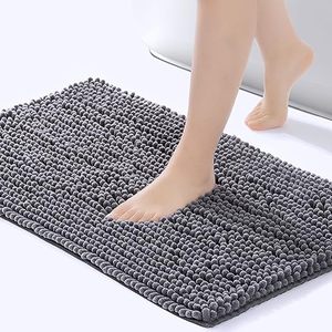 lot 1890 image: FRESHMINT Chenille Bathroom Rugs Mat 24x17, Non-Slip Bath Mat for Bathroom Floor & Bathtub, Washable Soft Shower Shag Bath Rugs, Durable Fluffy Thick Water Absorbent Microfiber Shower Mat, Gray