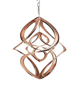 lot 1916 image: Wind & Weather Copper-Plated Dual Spiral Hanging Metal Wind Spinner, Steel, Ultra-Sensitive, Double Spinner, Kinetic Garden Art, Spinner 10 Dia. x 11 H, Chain 3 H