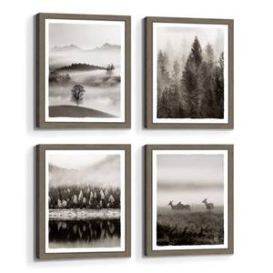 lot 1919 image: Framed Landscape Wall Art Bedroom Modern Foggy Forest Picture Bathroom Living Room Black Pine Tree Nature Scene Print 4 Piece 11x14 Vertical Misty Mountain Deer Painting Artwork for Home Office