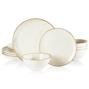lot 1931 image: Famiware Dinnerware Sets for 4, Ocean Round 12-Piece Kitchen Plates and Bowls Sets, Microwave and Dishwasher Safe, Scratch Resistant, Vanilla White