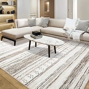 lot 1961 image: Area Rug Living Room Rugs - 9x12 Washable Large Soft Neutral Boho Moroccan Bohemian Farmhouse Rug Indoor Floor Carpet for Bedroom Under Dining Table Home Office Decor - Cream Brown