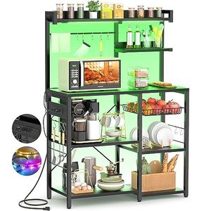 lot 1965 image: Aheaplus Bakers Rack with Power Outlet and LED Light Strings, Microwave Oven Stand Kitchen Storage Shelf with Wire Basket, Coffee Bar Station Island Table with 10 Hooks for Spices, Pots, Pans, Black