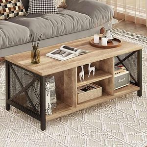 lot 1974 image: FATORRI Coffee Table for Living Room, Rustic Wood Center Table with Shelves, Farmhouse Rectangle Cocktail Tea Tables (Rustic Oak)