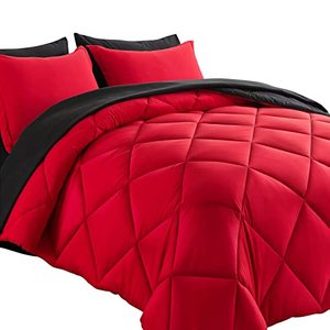 lot 1976 image: Cosybay Bed in a Bag Full Reversible Comforter Sets 7pcs All Season Down Alternative Bedding Sets Red and Black with Comforter, Pillow Shams, Flat Sheet, Fitted Sheet and Pillowcase