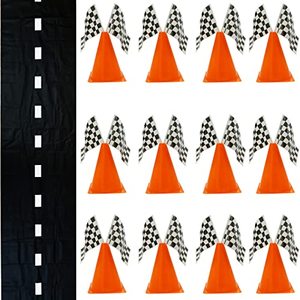 lot 1979 image: 38 Pcs Set - 12 Traffic Cones With Hole on Top, 24 Checkered Flags, Racetrack Floor Runner - for For Race Car Birthday Party Supplies, Table Centerpiece Decorations Kids Christmas Gift by 4Es Novelty
