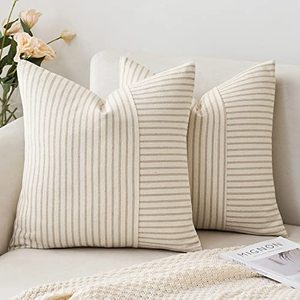 lot 1993 image: MIULEE Khaki and Beige Patchwork Farmhouse Pillow Covers 18x18 Inch, Pack of 2 Striped Linen Decorative Modern Accent Pillow Cases for Sofa Couch Bedroom