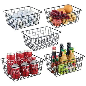 lot 1996 image: JUNCHU CHERRY Pantry Organization and Storage 5 Pack , Wire Storage Baskets for Kitchen, Laundry, Garage, Fridge, Bathroom Countertop Organizer,Black