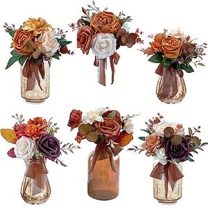 lot 1999 image: CherishedMoments Set of 6 Assorted Flower Centerpieces Mini Floral Wedding Flowers Set for Fall Wedding Table Centerpieces Decoration, Burnt Orange Bouquets and Home Decor