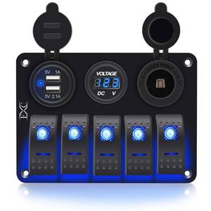 lot 4004 image: FXC Waterproof Marine Boat Rocker Switch Aluminum Panel 5 Gang with Dual USB Slot Socket 3.1A  Volt Meter Blue LED Light for Car Rv Vehicles Truck (KG0149-5B Blue)
