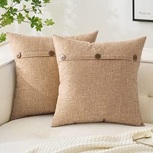 lot 4013 image: MIULEE Set of 2 Linen Throw Pillow Covers Cushion Case Triple Button Vintage Farmhouse Pillowcase for Couch Sofa Bed 20 x 20 Inch Light Tan