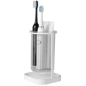 lot 4037 image: Toothbrush Holders with Drain Tray, Hanging Toothbrush and Toothpaste Holder Organizer Bathroom Caddy Countertop for Toothpaste, Razors, Electric Toothbrush - Clear