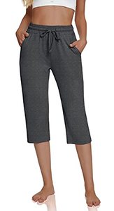 lot 4233 image: UEU Womens Plus Comfy Drawstring Yoga Capri Pants Loose Workout Sweatpants Wide Leg Lounge Pants Joggers with Pockets(GreyHeather,XXL)