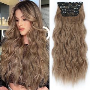 lot 4234 image: ALXNAN Clip in Long Wavy Synthetic Brown Milk Tea Hair Extension 20 Inch 4PCS Hairpieces Fiber Double Weft Hair for Women