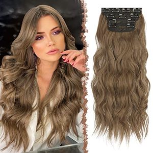 lot 4239 image: FESHFEN Clip in Hair Extensions 4 PCS Thick Highlighted Hairpieces Long Wavy Clip in Hair Piece Full Head Synthetic Hair Extension for Women, 20 Inch Golden Brown Mixed