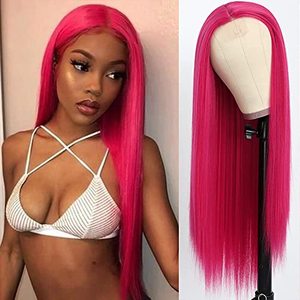lot 4118 image: QD-Tizer Hot Pink Wig Long Straight Hair Red Pink Color Natural Hair Line Wigs for Fashion Women Heat Resistant Synthetic Hair Wigs