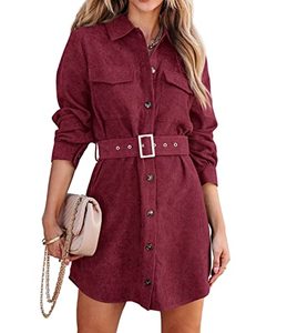 lot 4119 image: Womens Retro Long Sleeve Button Down Jacket Shirt Dresses Fall Winter Snap Cardigan Dress with Pockets Dark Red Small