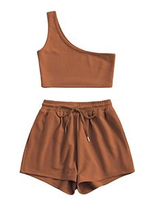lot 4120 image: Verdusa Womens One Shoulder Tank Top and Lounge Shorts 2 Piece Tracksuit Set Brown M