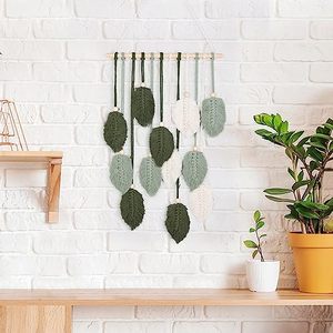 lot 4132 image: COZLIV Sage Green Wall Hanging Decor, 12 Leaves Chic Boho Macrame Leaves Tapestry, Feather Wall Decor For Bedroom Living Room Nursery Apartment