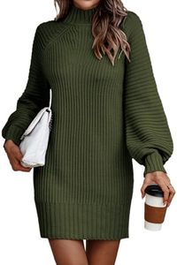 lot 4144 image: LILLUSORY Womens Mini Sweater Dress Turtleneck Cable Knit Winter Dress Knit 2023 Wedding Guest Dresses Dark Green Size S