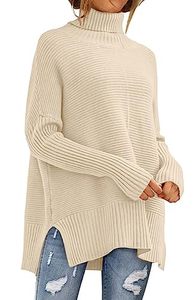 lot 4145 image: ANRABESS 2023 Fall Sweaters for Women Oversized Turtleneck Long Batwing Sleeve Knit Casual Pullover Split Hem Loose Fit Soft Cozy Sweater Tops Outwear B718kaqi-S Apricot Size S