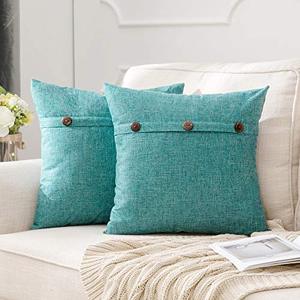 lot 4148 image: MIULEE Set of 2 Decorative Linen Throw Pillow Covers Cushion Case Triple Button Vintage Farmhouse Pillowcase for Couch Sofa Bed 16 x 16 Inch Turquoise