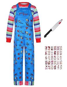 lot 4149 image: DIYLN Halloween Chuckyy Costume Kids Scary Movie Nightmare Doll Killer Cosplay Blue Cartoon Jumpsuit Striped Shirt with Accessories Knife Prop Scar Tattoo Stickers DY005XXL