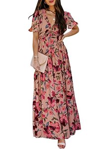 lot 4151 image: BLENCOT Womens Casual Boho Floral Printed Deep V Neck Loose Short Sleeve Long Evening Dress Ruched Cocktail Party Maxi Wedding Dress Red Medium