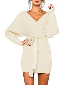 lot 4167 image: Mansy Womens Sexy Cocktail Batwing Long Sleeve Backless Mock Wrap Knit Sweater Mini Dress Size S
