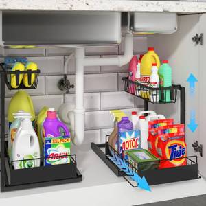 lot 4170 image: REALINN Under Sink Organizer, 2 Pack Height Adjustable Kitchen Organizers and Storage, 2 Tier Pull Out Sliding Cabinet Organizer, Multi-Use for Kitchen Bathroom Cabinet