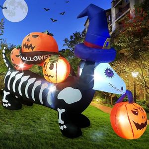 lot 4174 image: Halloween Inflatables Skeleton Dog Outdoor Decorations, 5 FT Long Inflatable Puppy with 4 Pumpkins Switch Hat and Built-in Led Lights, Blow Up Yard Decorations for Lawn Garden Decor