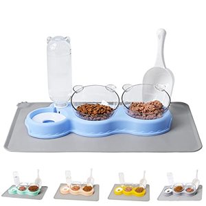 lot 4178 image: LKSTK Blue Cat Food Bowl, Triple Cat Bowl with Waterproof Mat and Scoop, 15°Tilted Raised Cat Bowl, Pets Water and Food Bowl Set with Automatic Water Bottle, Wet and Dry Food Bowl for Cat