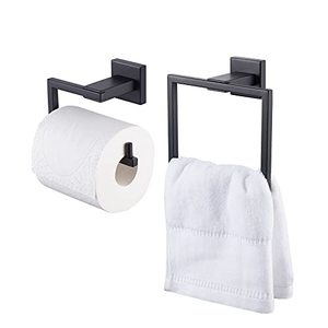 lot 4184 image: KES Bathroom Accessories Set Toilet Paper Holder Towel Ring SUS304 Stainless Steel Rustproof 2-Piece Modern Wall Mount Matte Black Finish, LA24BK-21