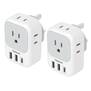lot 4208 image: US to UK Plug Adapter 2 Pack, TESSAN Type G Travel Converter with 4 Outlets 3 USB Charger(1 USB C Port), Power Adaptor for USA to Ireland Scotland Dubai Hong Kong England British Kenya London