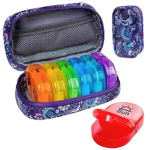 lot 4247 image: Serfeymi Weekly Travel Pill Organizer 2 Times A Day AM PM Upgraded Rainbow Pill Box 7 Day with Portable Zipper PU Leather Pill Case, Medicine Organizer for Pills, Vitamins, Fish Oils - Purple 01