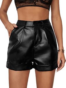 lot 4255 image: WDIRARA Womens High Waisted PU Leather Shorts Roll Hem Shorts with Pockets Black S