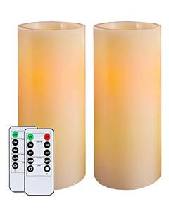 lot 4259 image: Homemory 9 x 3 Flameless Candles Battery Operated, Flickering LED Pillar Candles with Timers, Indoor Only, Flat Top, Ivory White Wax, Set of 2