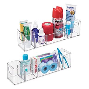 lot 4261 image: mDesign Plastic Bathroom Medicine Cabinet Organizer with Handles - Divided Vanity Storage HolderContainer for Cotton Swabs,, Makeup, Bathroom EssentialsToiletries, Lumiere Collection, 2 Pack - Clear