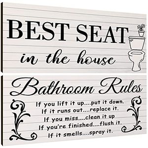 lot 4262 image: 2 Pieces Funny Bathroom Wall Decor Sign Farmhouse Bathroom Rule Wall Art Toilet Rustic Bathroom Decoration Best Seat Wooden Sign (Simple Style)