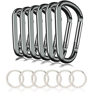 lot 4263 image: 6PCS Carabiner Caribeaner Clip,3 Large Aluminum D Ring Shape Carabeaner with 6PCS Keyring Keychain Hook (Grey)